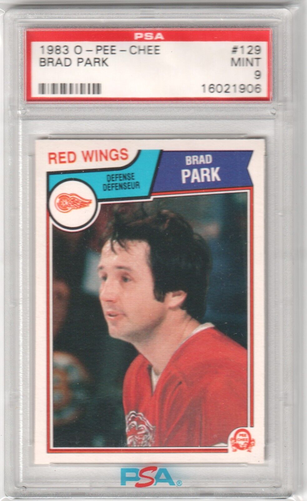 BRAD PARK 1983 - 84 O - PEE - CHEE #129 PSA 9 MINT - RED WINGS - Columbia Hobby - Sports Card Boxes - Toploaders - Card Savers