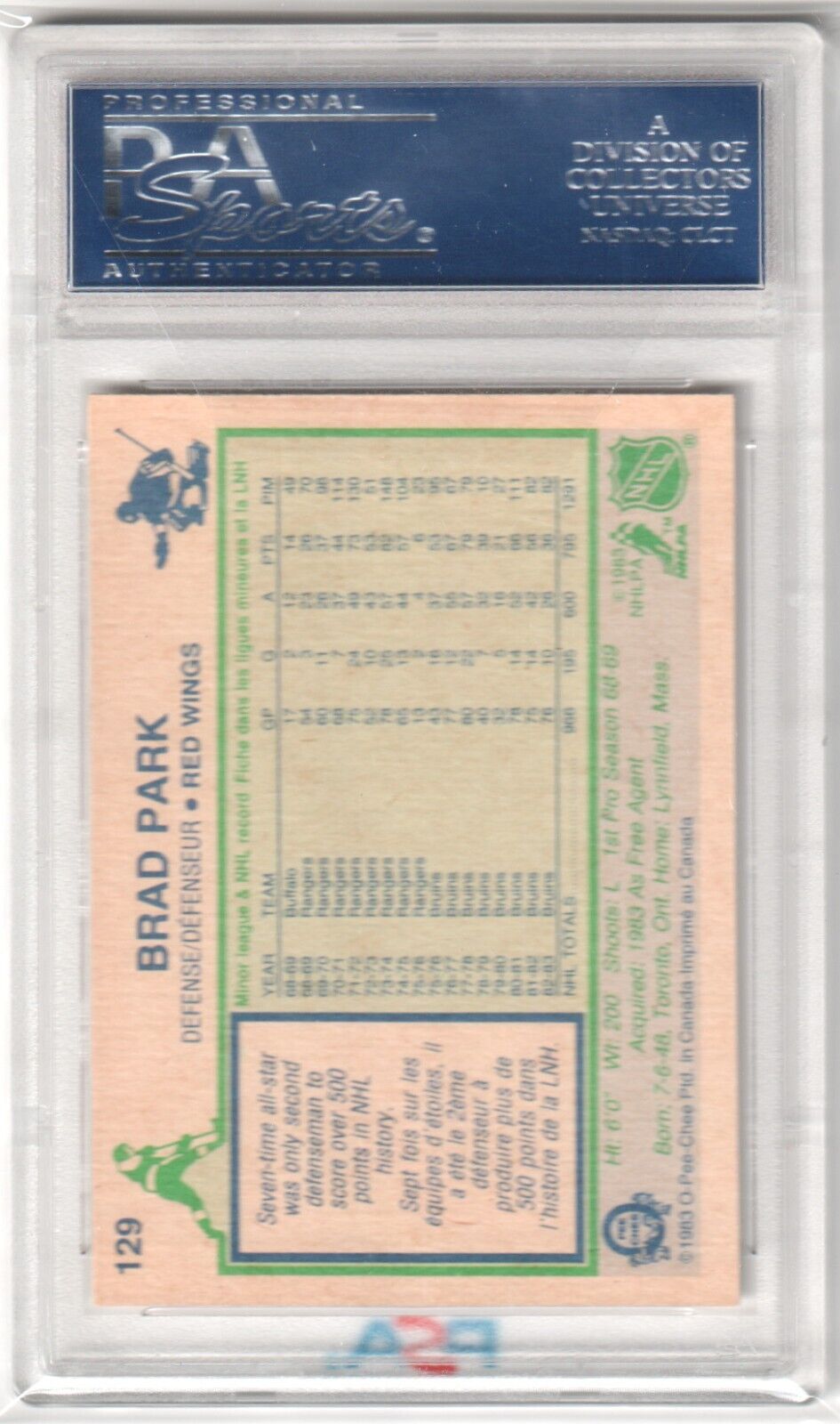 BRAD PARK 1983 - 84 O - PEE - CHEE #129 PSA 9 MINT - RED WINGS - Columbia Hobby - Sports Card Boxes - Toploaders - Card Savers