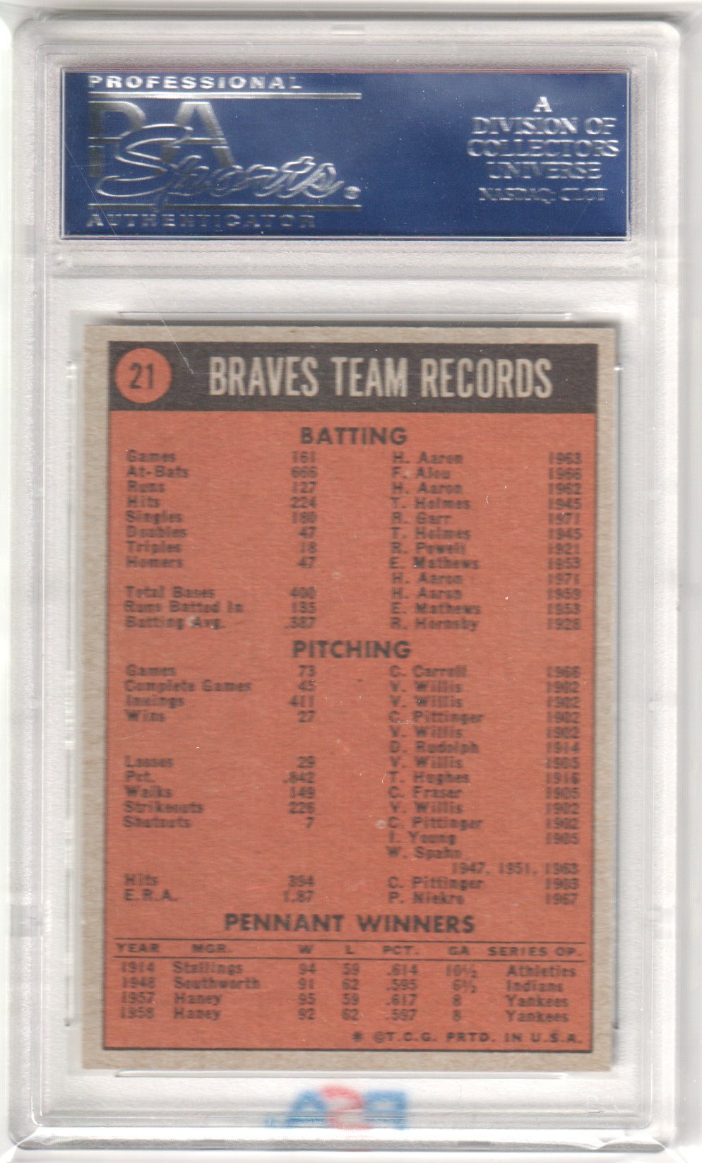BRAVES TEAM 1972 Topps 21 PSA 8 NM - MT - Columbia Hobby - Sports Card Boxes - Toploaders - Card Savers