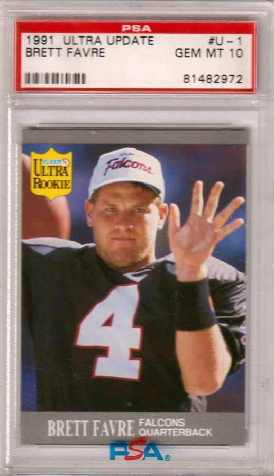 BRETT FAVRE 1991 Fleer Update Ultra Rookie RC #U - 1 PSA 10 GEM MINT - FALCONS - Columbia Hobby - Sports Card Boxes - Toploaders - Card Savers