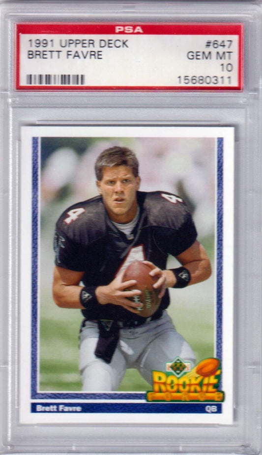BRETT FAVRE 1991 Upper Deck RC Rookie #647 PSA 10 GEM MINT - FALCONS PACKERS - Columbia Hobby - Sports Card Boxes - Toploaders - Card Savers