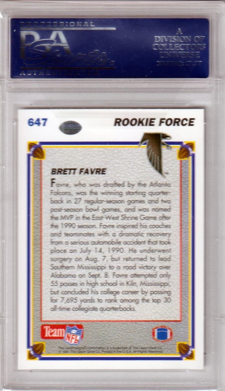 BRETT FAVRE 1991 Upper Deck RC Rookie #647 PSA 10 GEM MINT - FALCONS PACKERS - Columbia Hobby - Sports Card Boxes - Toploaders - Card Savers