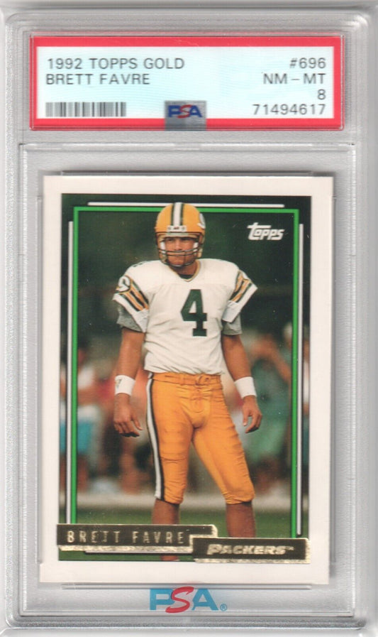 BRETT FAVRE 1992 Topps Gold #696 PSA 8 NM - MT - PACKERS - Columbia Hobby - Sports Card Boxes - Toploaders - Card Savers