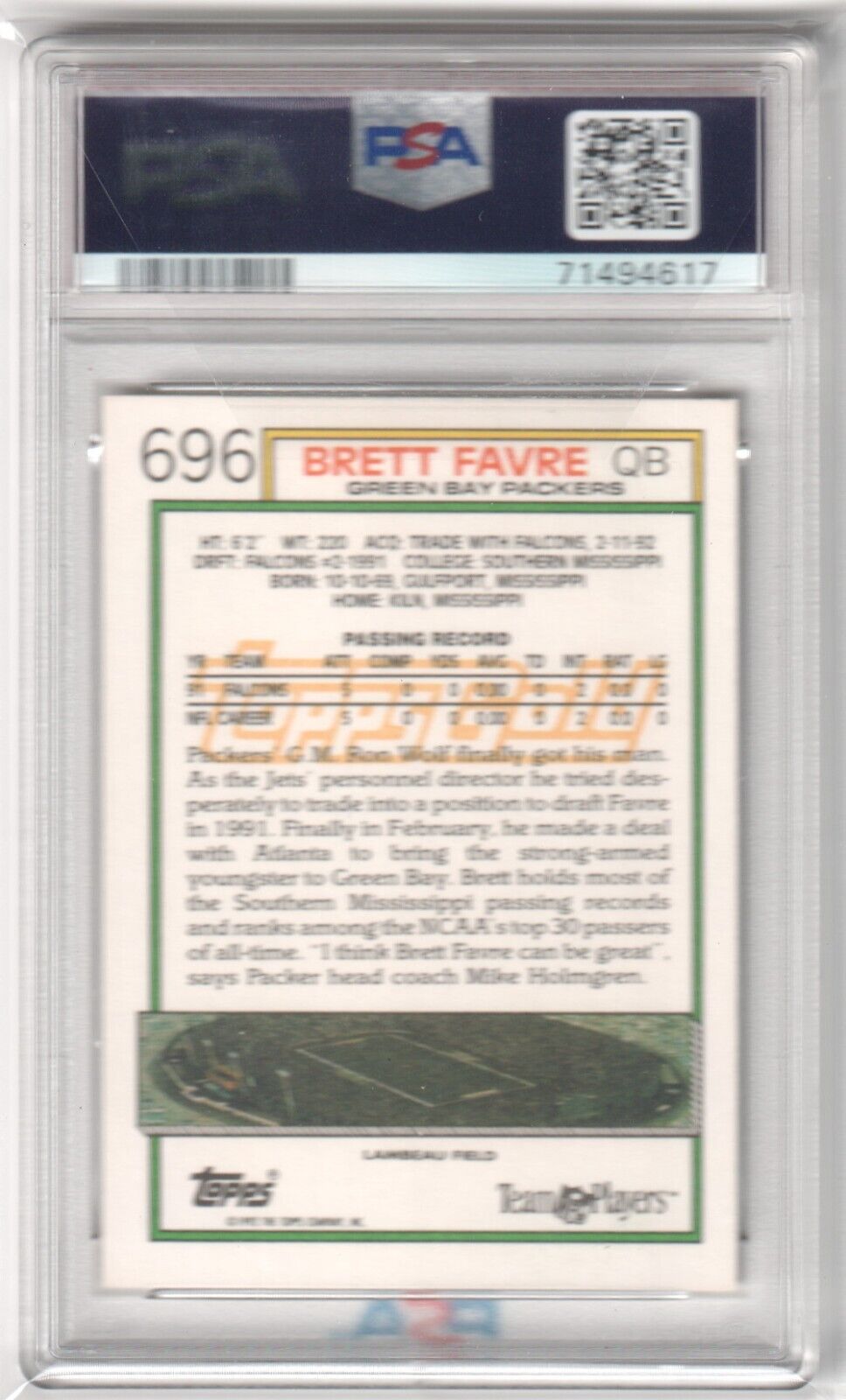 BRETT FAVRE 1992 Topps Gold #696 PSA 8 NM - MT - PACKERS - Columbia Hobby - Sports Card Boxes - Toploaders - Card Savers