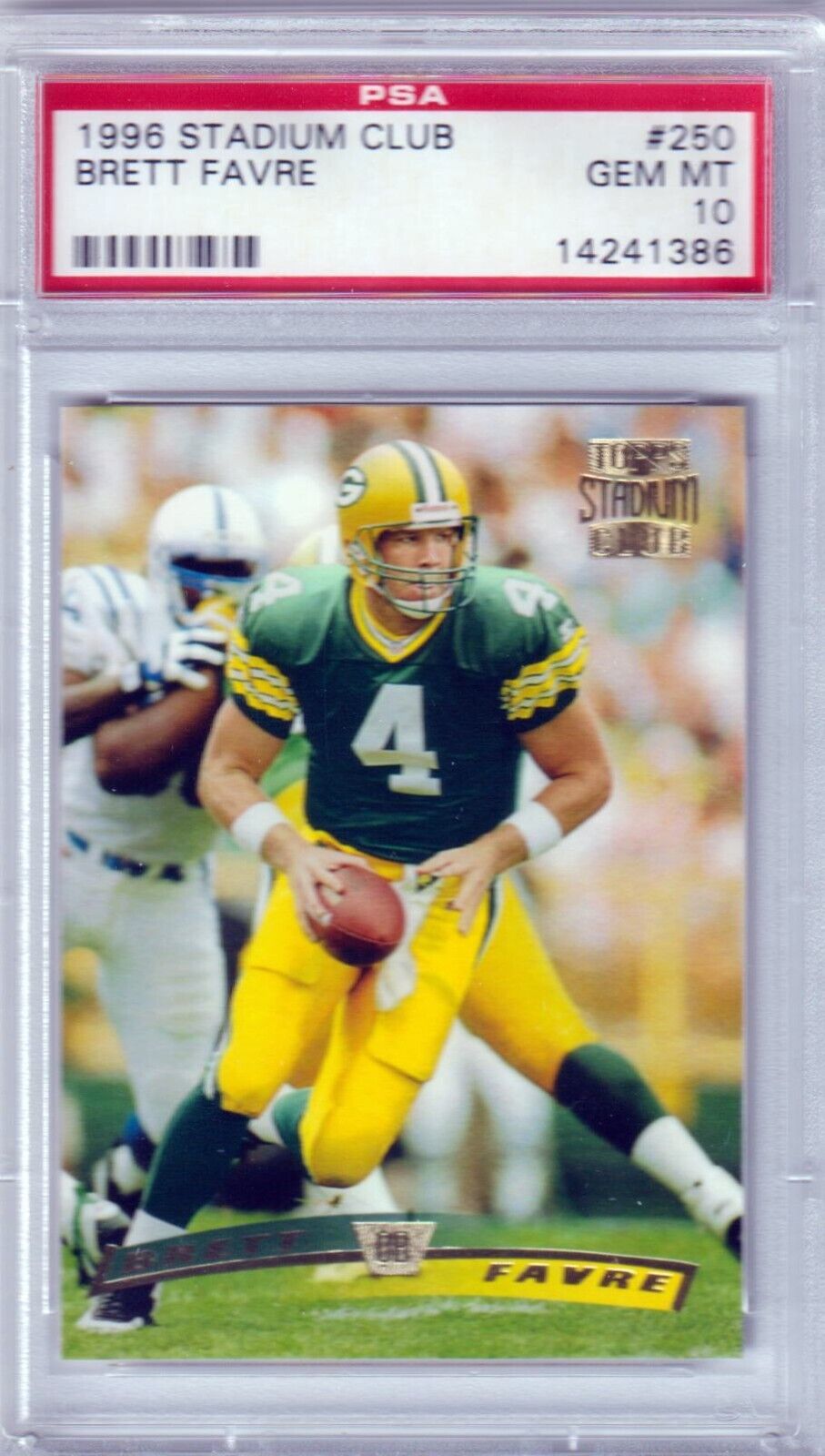 BRETT FAVRE 1996 Topps Stadium Club #250 PSA 10 GEM MINT - PACKERS - Columbia Hobby - Sports Card Boxes - Toploaders - Card Savers