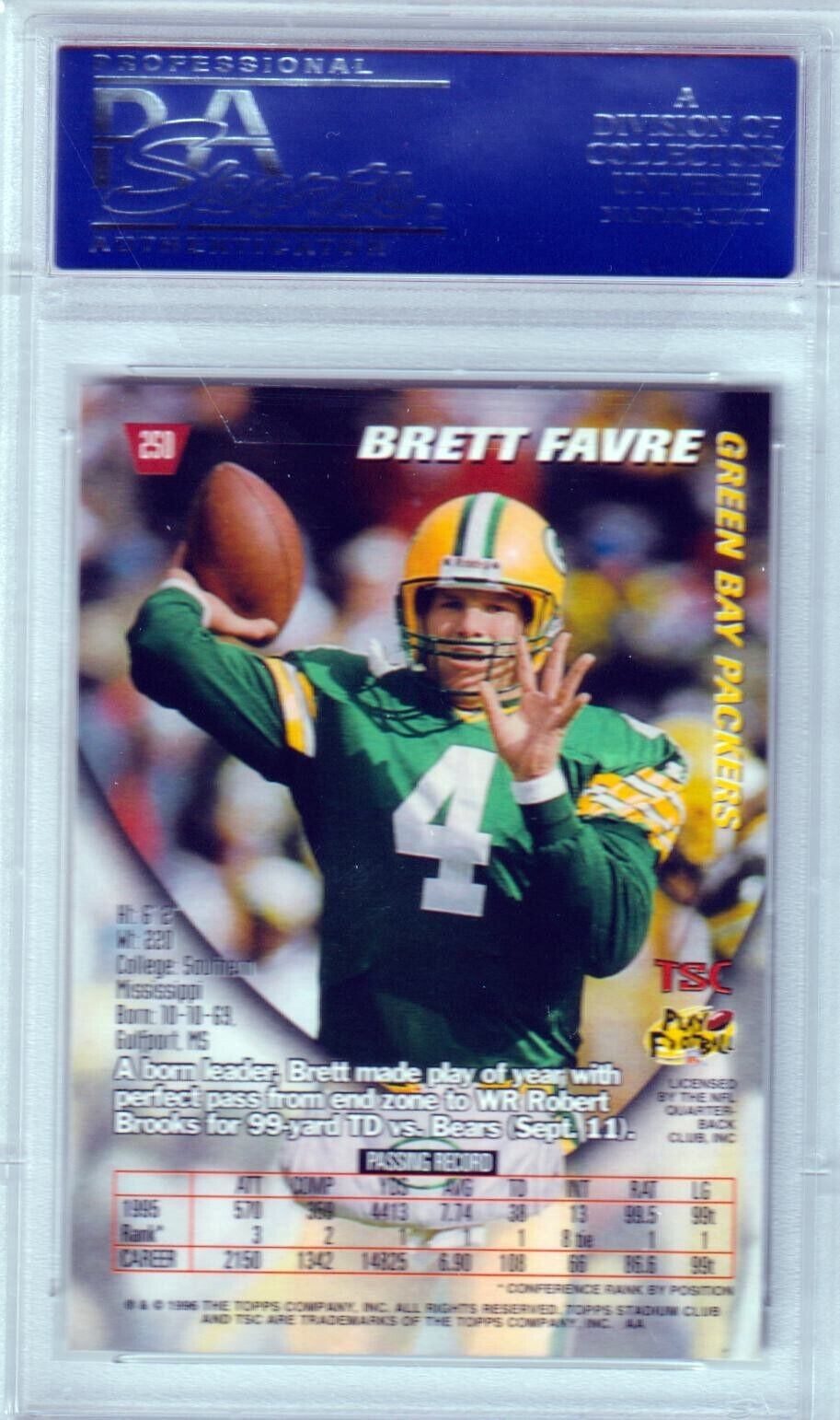 BRETT FAVRE 1996 Topps Stadium Club #250 PSA 10 GEM MINT - PACKERS - Columbia Hobby - Sports Card Boxes - Toploaders - Card Savers
