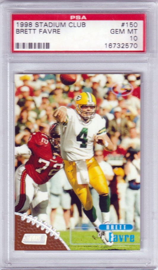 BRETT FAVRE 1998 Topps Stadium Club #150 PSA 10 GEM MINT - PACKERS - Columbia Hobby - Sports Card Boxes - Toploaders - Card Savers