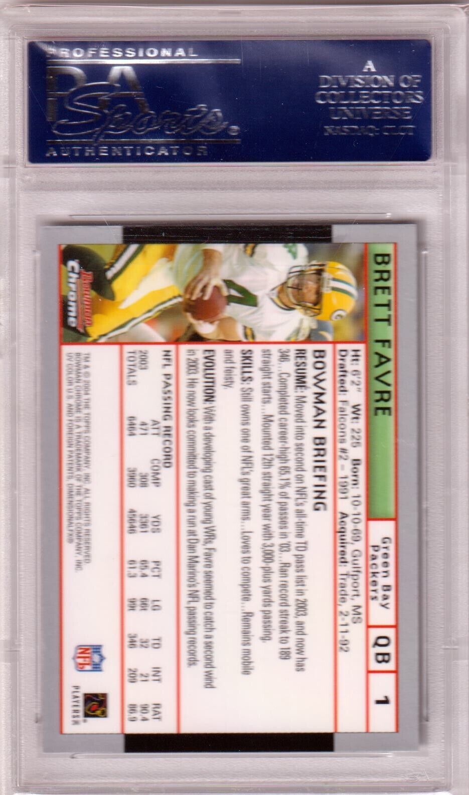 BRETT FAVRE 2004 Bowman Chrome #1 PSA 10 GEM MINT - PACKERS - Columbia Hobby - Sports Card Boxes - Toploaders - Card Savers