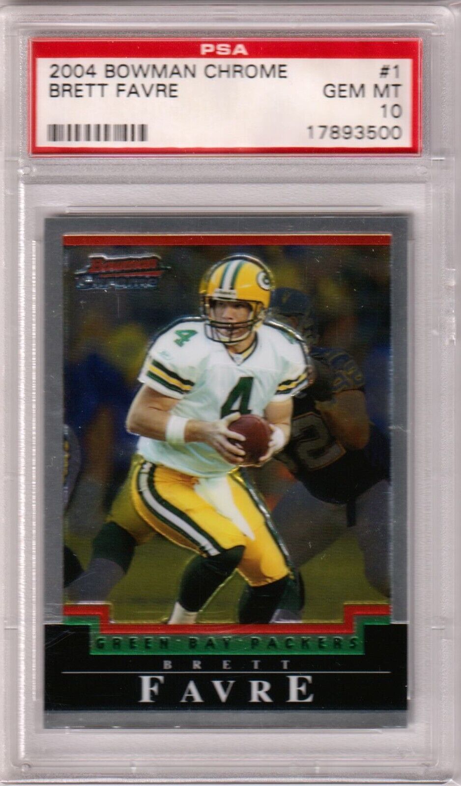 BRETT FAVRE 2004 Bowman Chrome #1 PSA 10 GEM MINT - PACKERS - Columbia Hobby - Sports Card Boxes - Toploaders - Card Savers