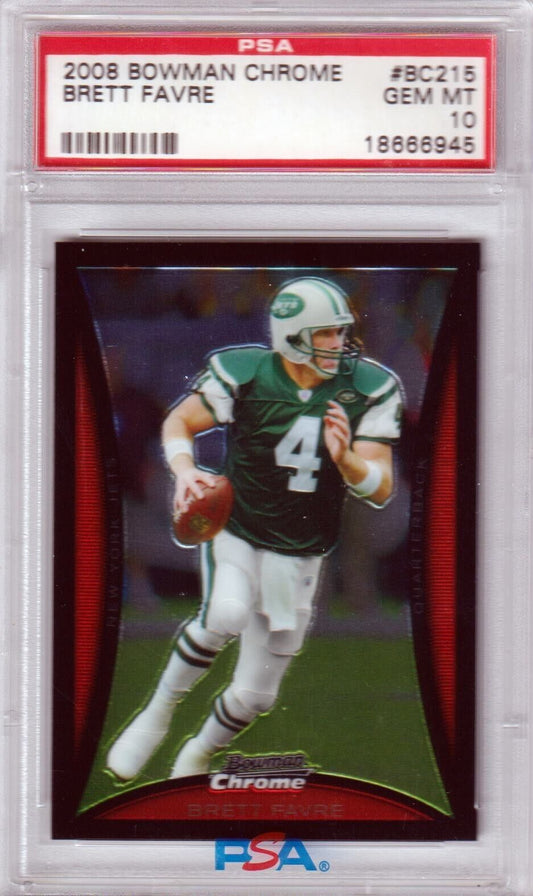 BRETT FAVRE 2008 Bowman Chrome #BC215 PSA 10 GEM MINT - JETS - Columbia Hobby - Sports Card Boxes - Toploaders - Card Savers