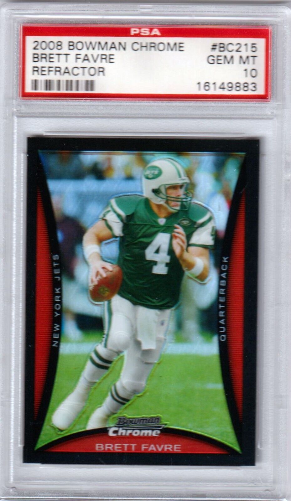 BRETT FAVRE 2008 Bowman Chrome Refractor #BC215 PSA 10 GEM MINT - JETS - Columbia Hobby - Sports Card Boxes - Toploaders - Card Savers