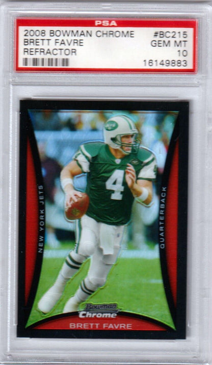 BRETT FAVRE 2008 Bowman Chrome Refractor #BC215 PSA 10 GEM MINT - JETS - Columbia Hobby - Sports Card Boxes - Toploaders - Card Savers