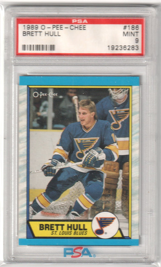 BRETT HULL 1989 - 90 O - Pee - Chee #186 PSA 9 MINT - BLUES - Columbia Hobby - Sports Card Boxes - Toploaders - Card Savers