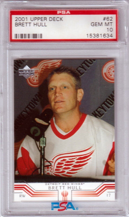 BRETT HULL 2001 Upper Deck #62 PSA 10 GEM MINT - RED WINGS POP 5 - Columbia Hobby - Sports Card Boxes - Toploaders - Card Savers