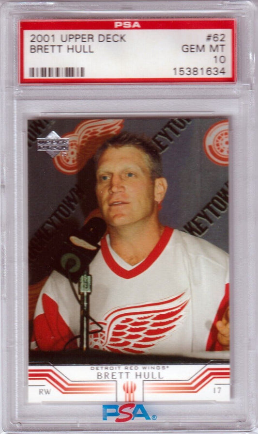 BRETT HULL 2001 Upper Deck #62 PSA 10 GEM MINT - RED WINGS POP 5 - Columbia Hobby - Sports Card Boxes - Toploaders - Card Savers
