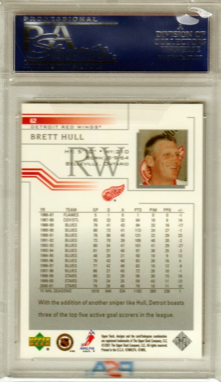 BRETT HULL 2001 Upper Deck #62 PSA 10 GEM MINT - RED WINGS POP 5 - Columbia Hobby - Sports Card Boxes - Toploaders - Card Savers