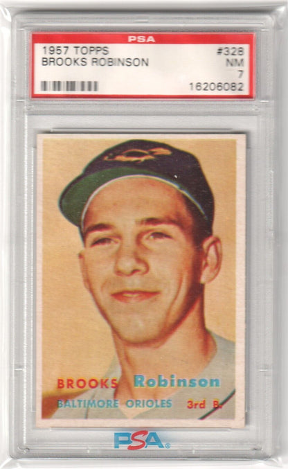 BROOKS ROBINSON 1957 Topps Rookie RC #328 PSA 7 NM - ORIOLES - Columbia Hobby - Sports Card Boxes - Toploaders - Card Savers
