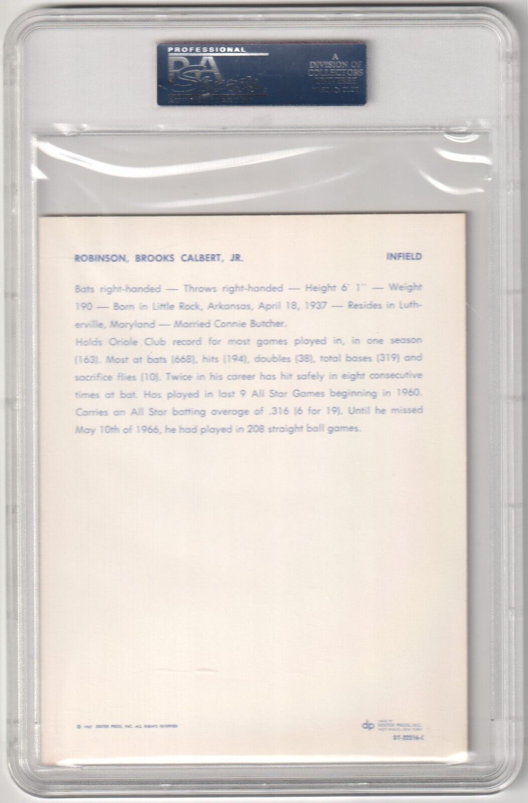 BROOKS ROBINSON 1967 Dexter Press Premiums PSA 7 NM - ORIOLES - Columbia Hobby - Sports Card Boxes - Toploaders - Card Savers