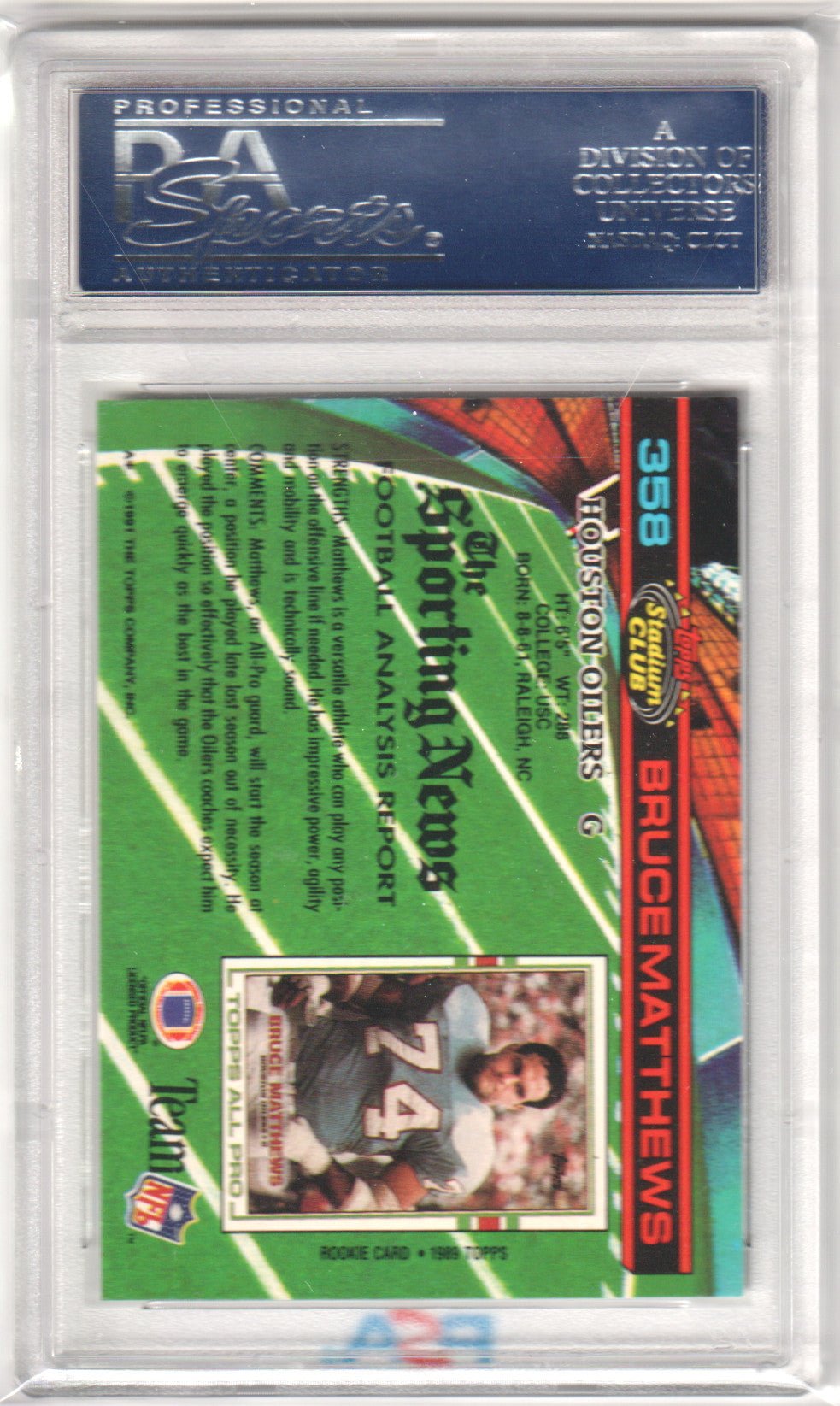 BRUCE MATTHEWS 1991 Topps Stadium Club 358 PSA 10 GEM MINT - OILERS Pop 2 - Columbia Hobby - Sports Card Boxes - Toploaders - Card Savers