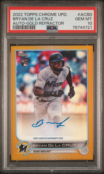 BRYAN DE LA CRUZ 2022 Topps Chrome Autograph Gold RC Refractor #/50 PSA 10 GEM - Columbia Hobby - Sports Card Boxes - Toploaders - Card Savers