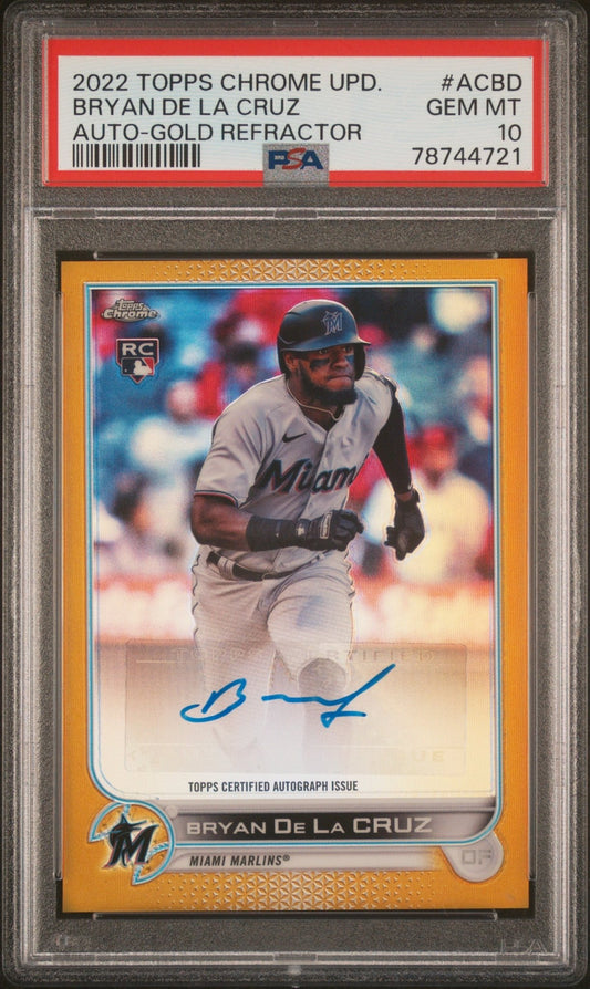 BRYAN DE LA CRUZ 2022 Topps Chrome Autograph Gold RC Refractor #/50 PSA 10 GEM - Columbia Hobby - Sports Card Boxes - Toploaders - Card Savers