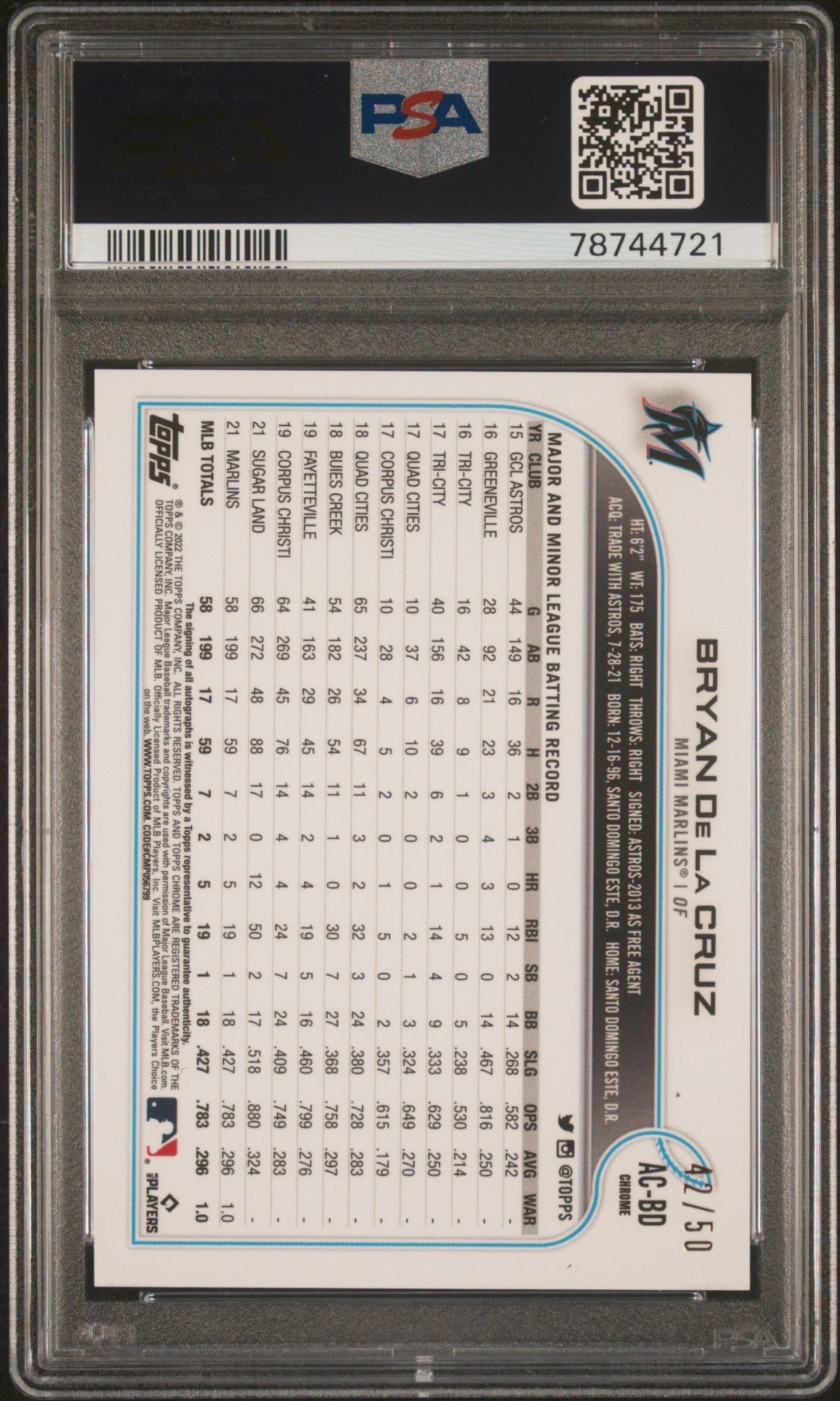 BRYAN DE LA CRUZ 2022 Topps Chrome Autograph Gold RC Refractor #/50 PSA 10 GEM - Columbia Hobby - Sports Card Boxes - Toploaders - Card Savers