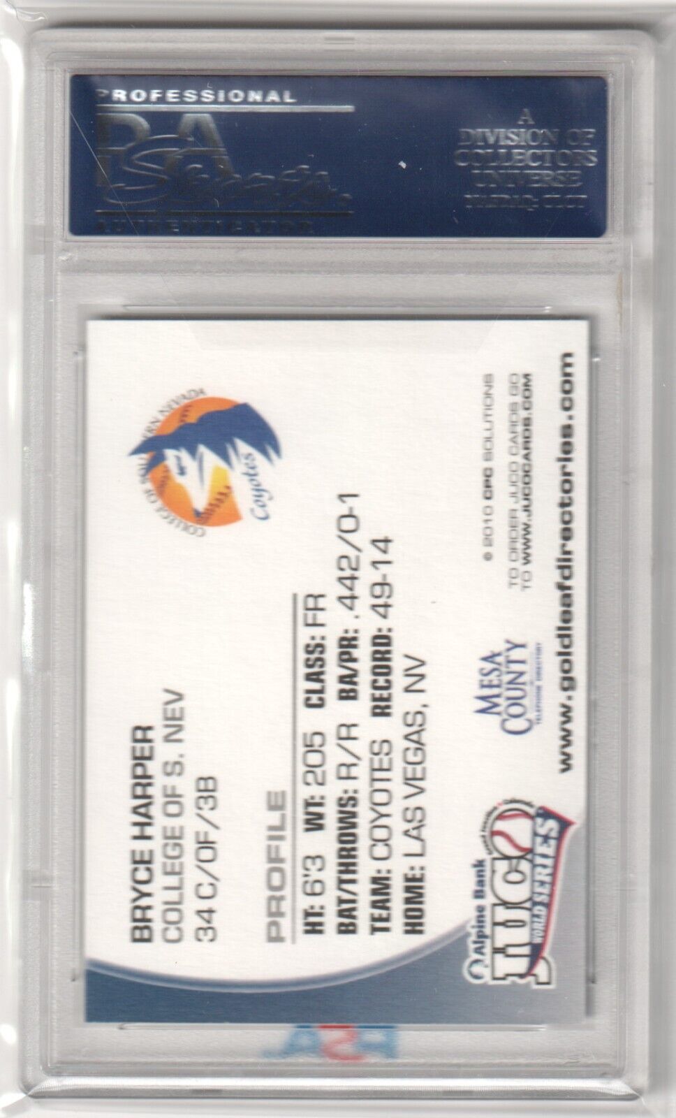BRYCE HARPER 2010 JUCO World Series PSA 10 GEM MINT - PHILLIES - Columbia Hobby - Sports Card Boxes - Toploaders - Card Savers