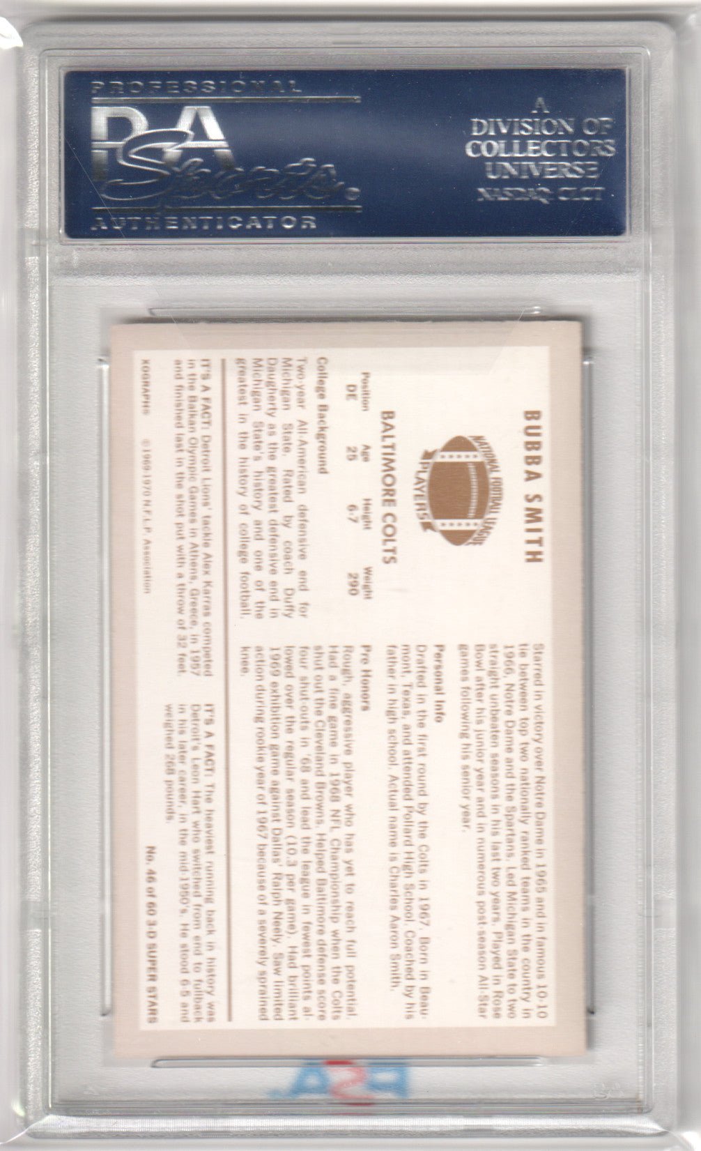 BUBBA SMITH 1970 Kellogg's 46 PSA 9 MINT - COLTS - Columbia Hobby - Sports Card Boxes - Toploaders - Card Savers