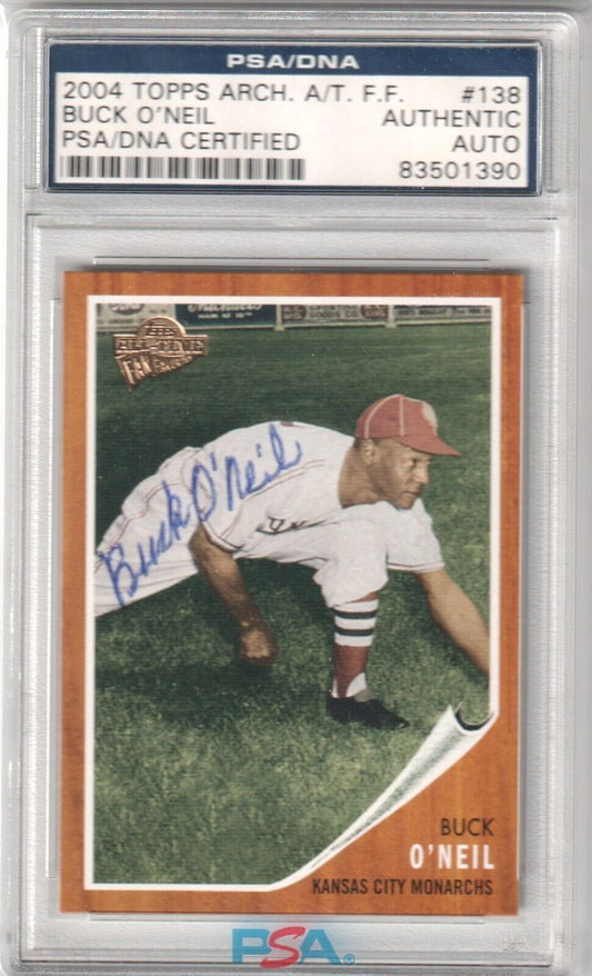 BUCK O'NEIL 2004 Topps Archives Fan Favorites Autograph Auto #138 PSA/DNA Auth. - Columbia Hobby - Sports Card Boxes - Toploaders - Card Savers