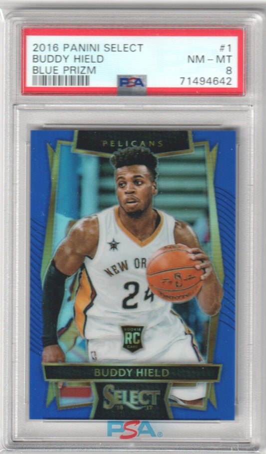 BUDDY HIELD 2016 - 17 Panini Select Blue Prizm RC Rookie #1 SP #/299 PSA 8 NM - MT - Columbia Hobby - Sports Card Boxes - Toploaders - Card Savers