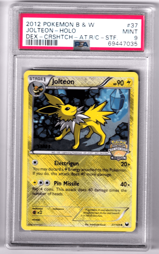 B&W JOLTEON X HATCH HOLO REGIONAL CHAMPIONSHIP 37/108 PROMO STAFF STAMP PSA 9 - Columbia Hobby - Sports Card Boxes - Toploaders - Card Savers