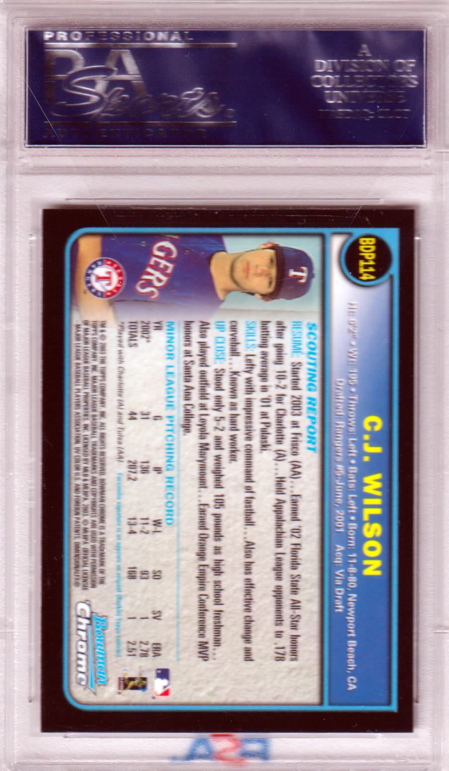 C. J. WILSON 2003 Bowman Chrome Draft RC Rookie #114 PSA 10 GEM MINT Pop 3 - Columbia Hobby - Sports Card Boxes - Toploaders - Card Savers