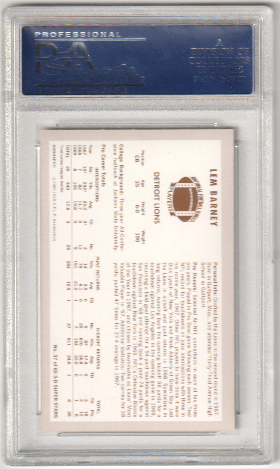 LEM BARNEY 1970 Kellogg's #37 PSA 9 MINT - LIONS