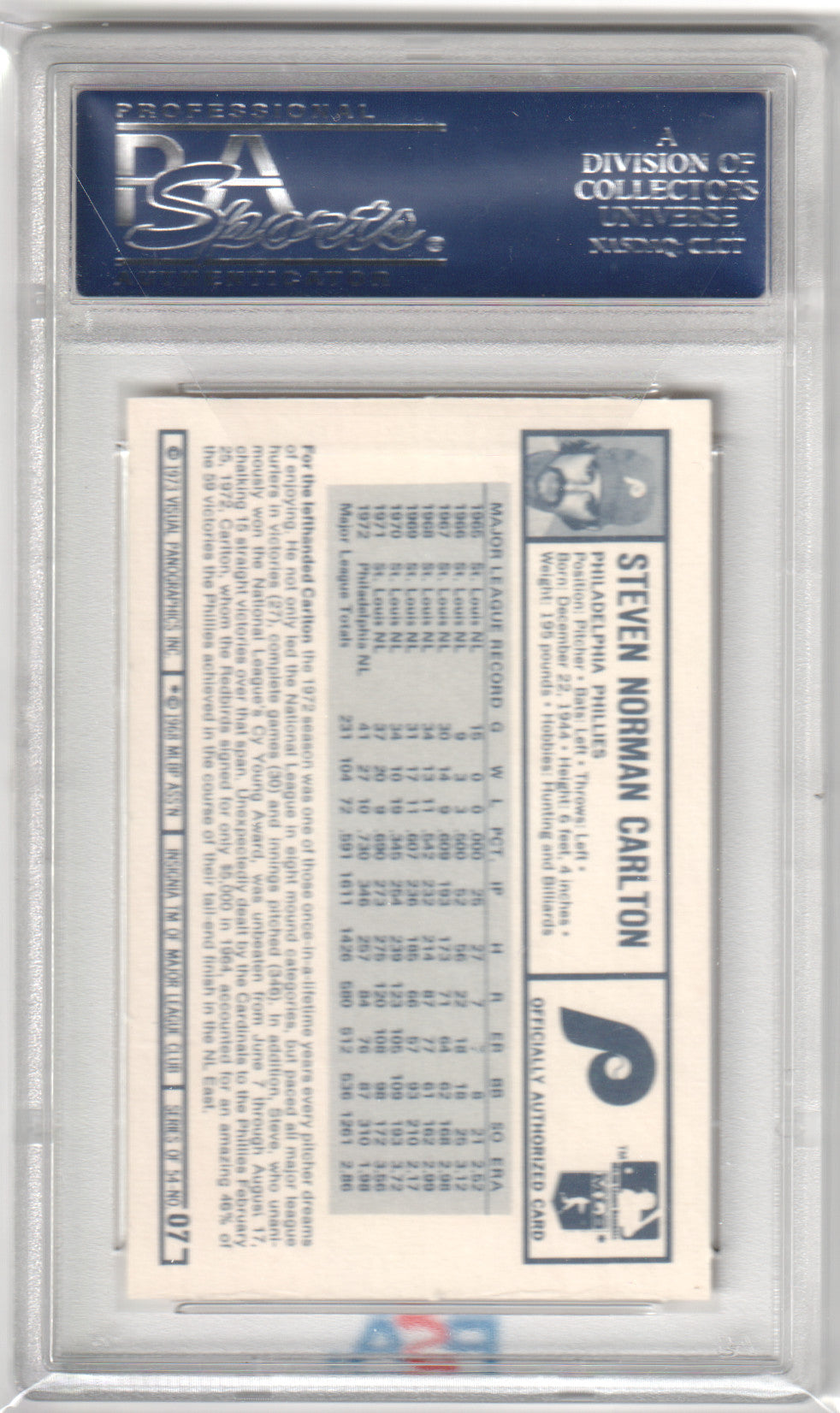 STEVE CARLTON 1973 Kellogg's Pro Stars #7 PSA 9 MINT - PHILLIES