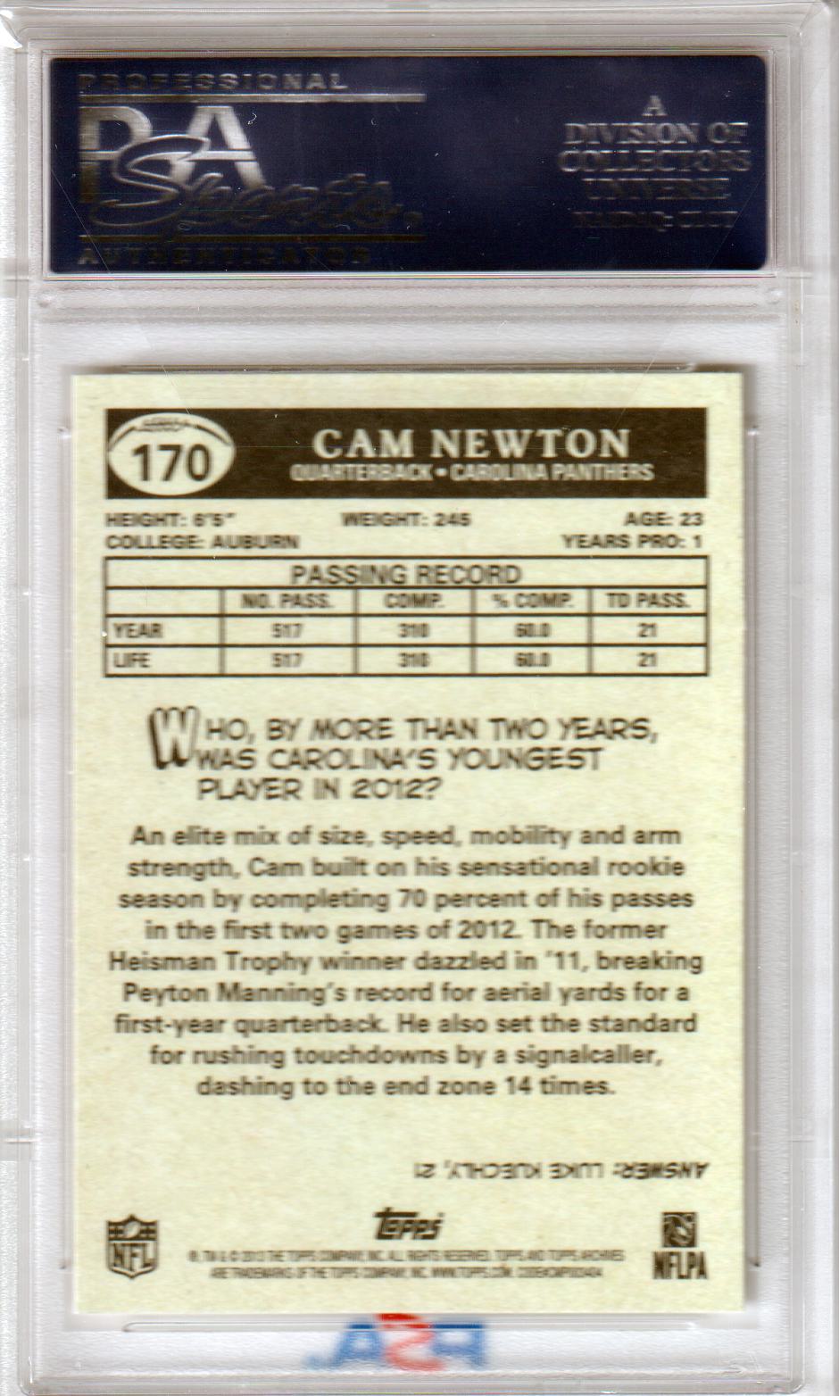 CAM NEWTON 2013 Topps Archives #170 PSA 10 GEM MINT - PANTHERS Pop 21 - Columbia Hobby - Sports Card Boxes - Toploaders - Card Savers