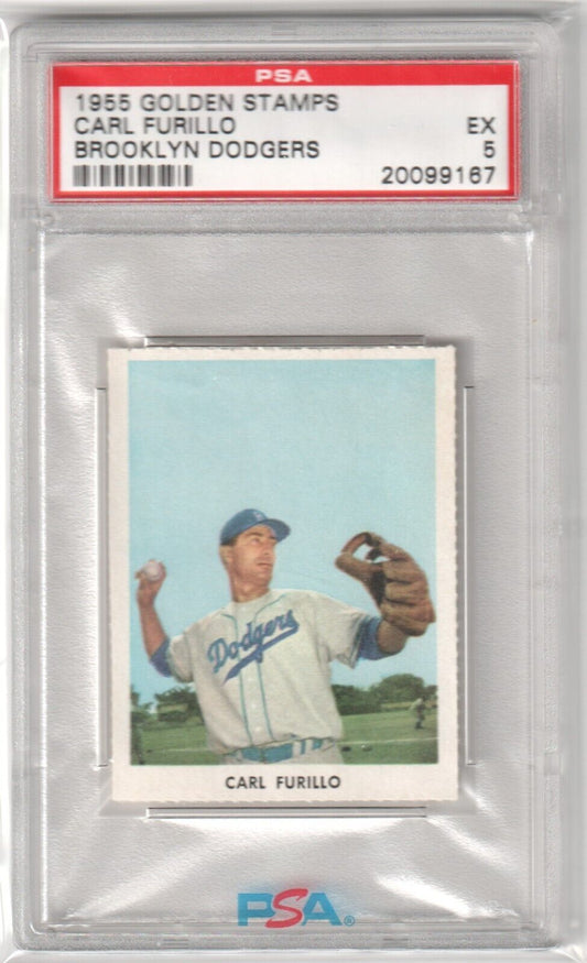 CARL FURILLO 1955 Golden Stamps PSA 5 EX - BROOKLYN DODGERS - Columbia Hobby - Sports Card Boxes - Toploaders - Card Savers