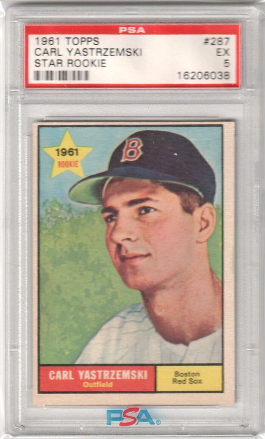 CARL YASTRZEMSKI 1961 Topps Star Rookie #287 PSA 5 EX - RED SOX - Columbia Hobby - Sports Card Boxes - Toploaders - Card Savers