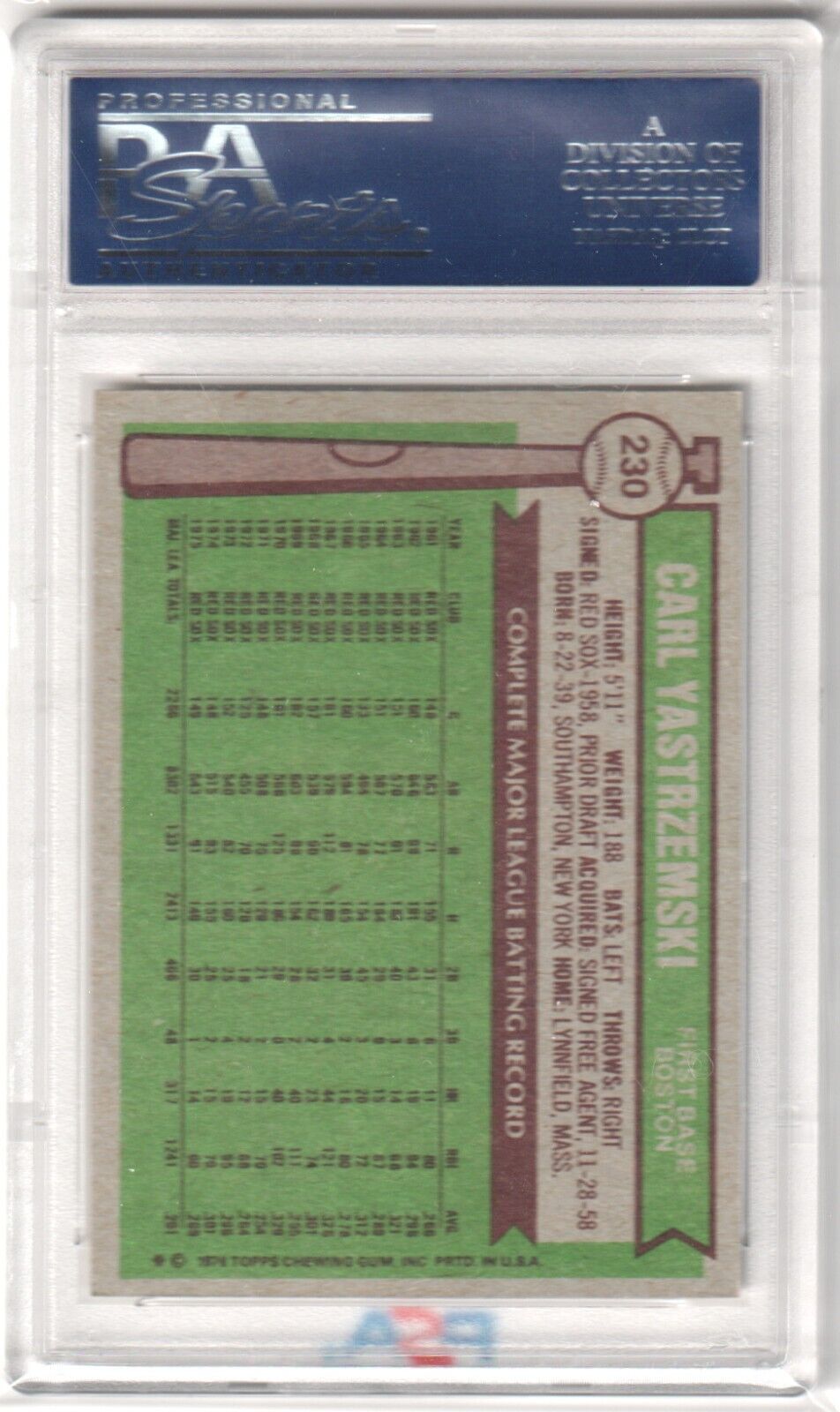 CARL YASTRZEMSKI 1976 Topps #230 PSA 8 NM - MT - RED SOX - Columbia Hobby - Sports Card Boxes - Toploaders - Card Savers