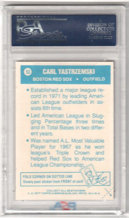 CARL YASTRZEMSKI 1977 Topps Cloth Stickers #53 PSA 8 NM - MT - RED SOX - Columbia Hobby - Sports Card Boxes - Toploaders - Card Savers