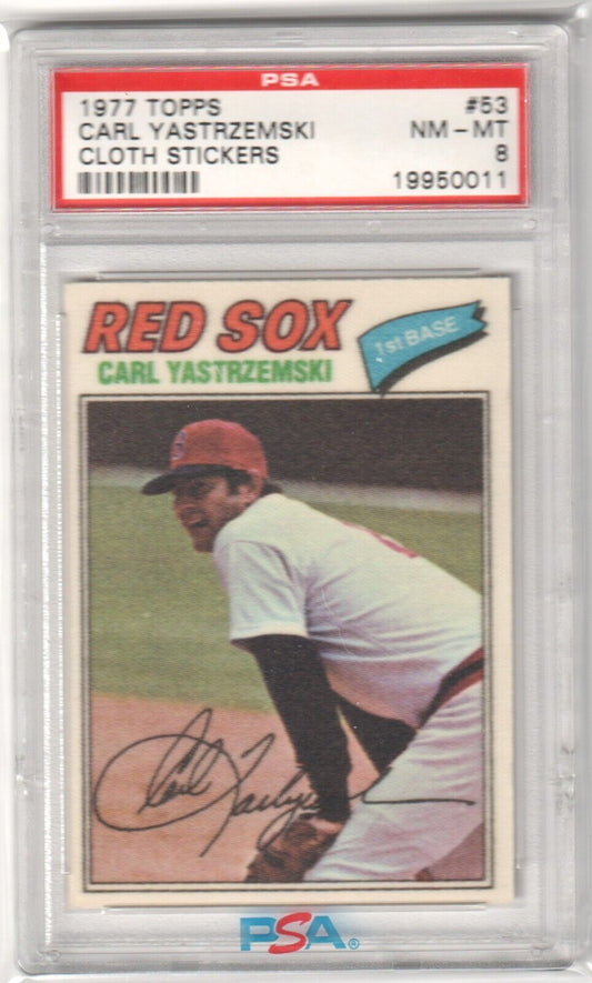 CARL YASTRZEMSKI 1977 Topps Cloth Stickers #53 PSA 8 NM - MT - RED SOX - Columbia Hobby - Sports Card Boxes - Toploaders - Card Savers