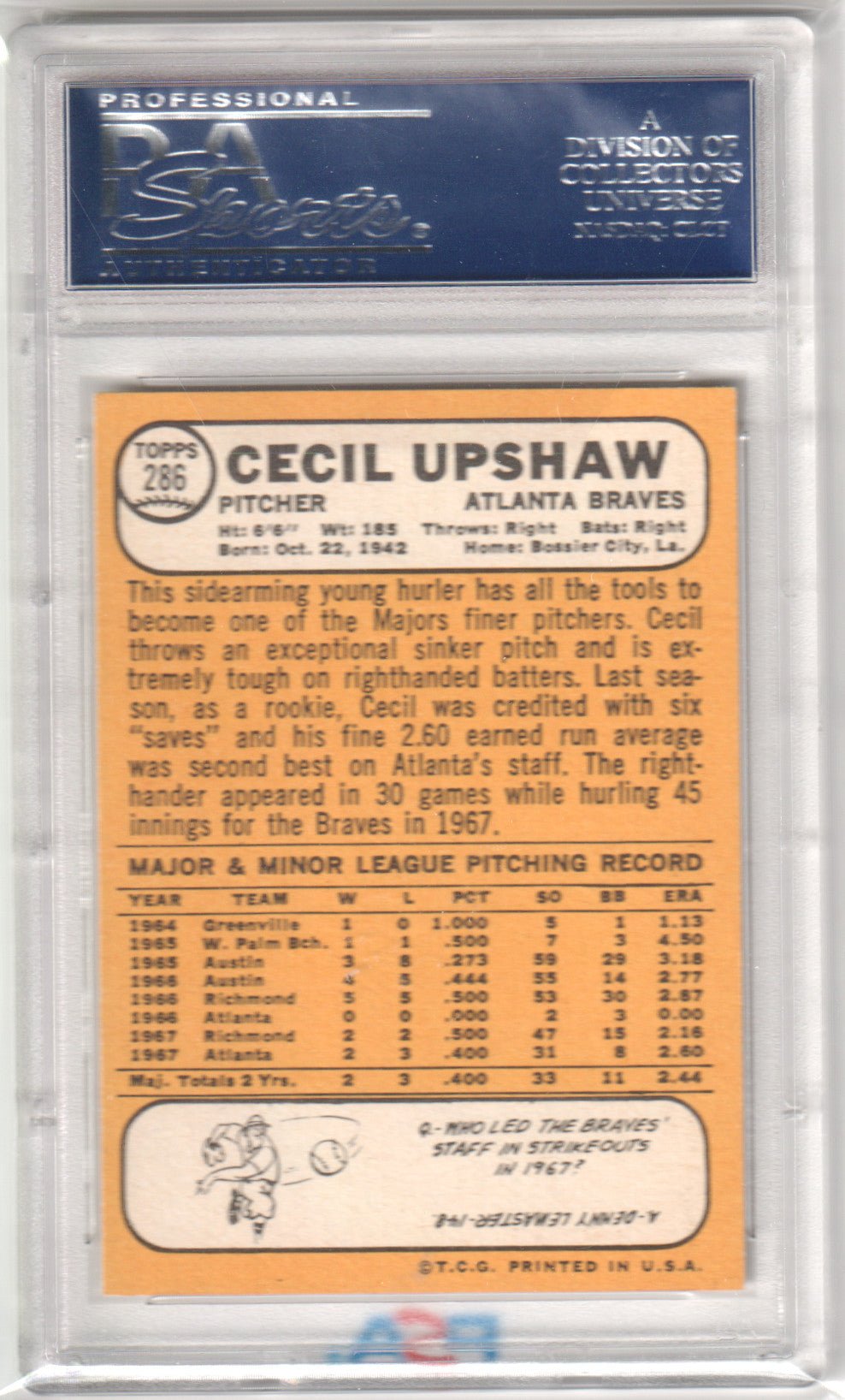 CECIL UPSHAW 1968 Topps #286 PSA 9 MINT - BRAVES - Columbia Hobby - Sports Card Boxes - Toploaders - Card Savers