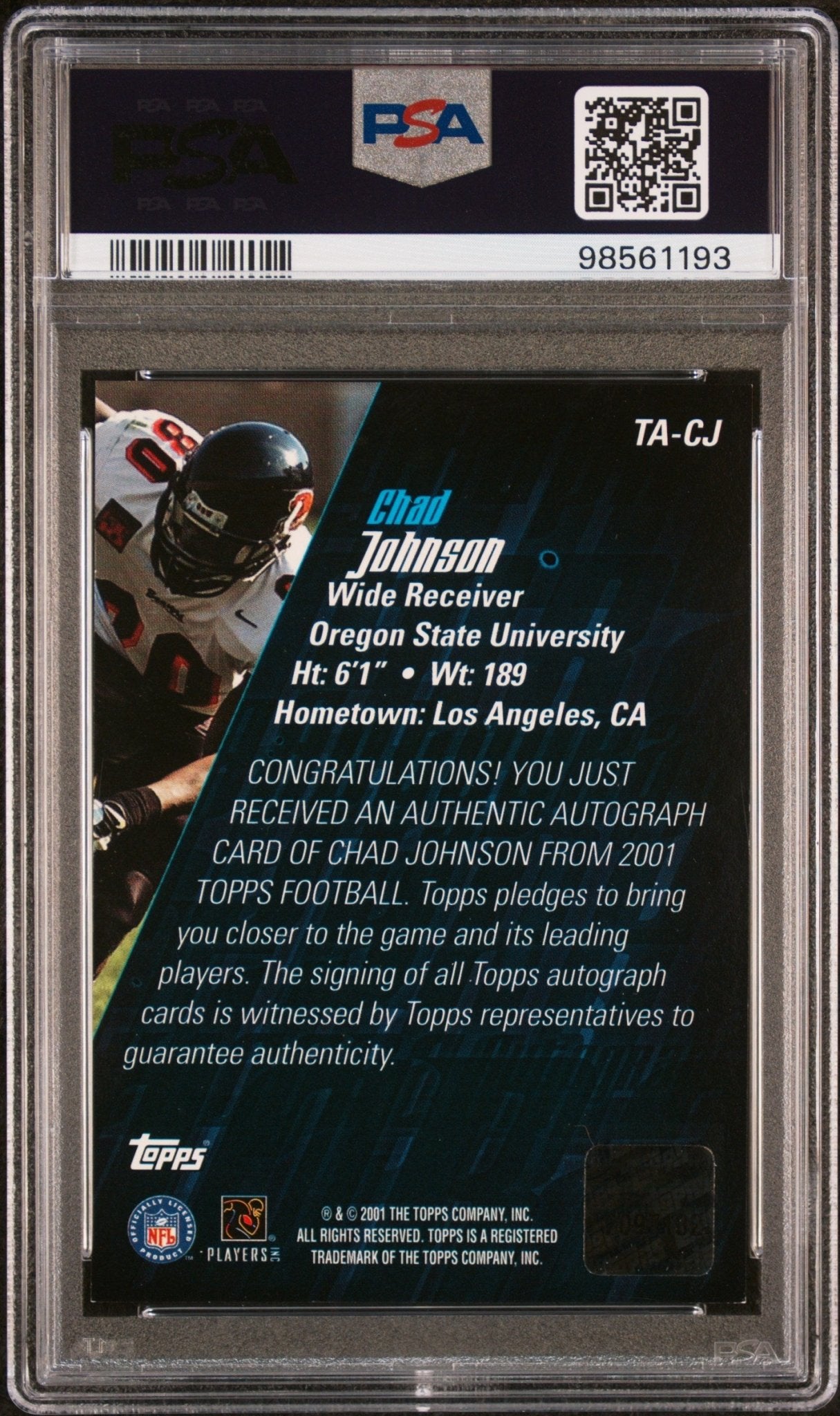 CHAD JOHNSON 2001 Topps Certified Autograph TA - CJ PSA 8 NM - MT - BENGALS - Columbia Hobby - Sports Card Boxes - Toploaders - Card Savers