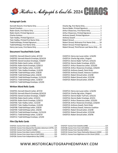Chaos Series 2 Trading Cards Hobby Box (Historic Autographs 2024) - Columbia Hobby - Sports Card Boxes - Toploaders - Card Savers