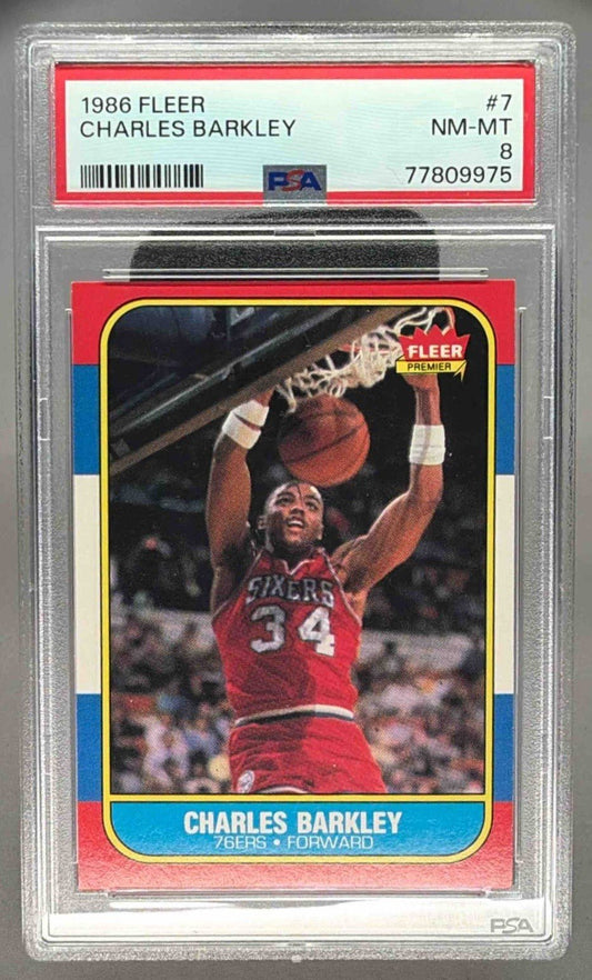 CHARLES BARKLEY 1986 FLEER ROOKIE RC PSA 8 - 76ERS - Columbia Hobby - Sports Card Boxes - Toploaders - Card Savers