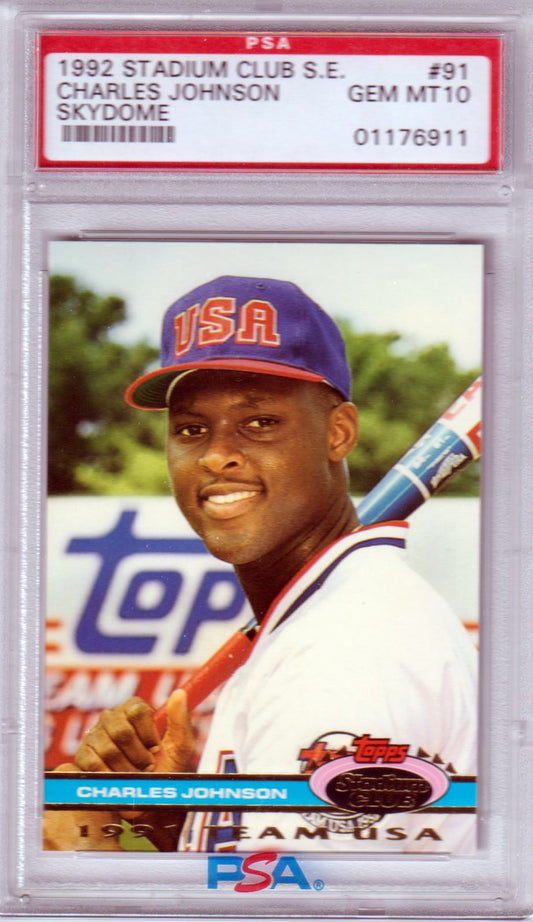 CHARLES JOHNSON 1992 Stadium Club S.E. Skydome Rookie RC #91 PSA 10 GEM - Columbia Hobby - Sports Card Boxes - Toploaders - Card Savers