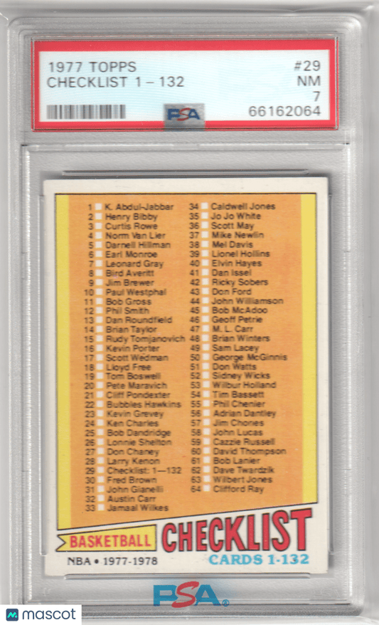 Checklist 1 - 132 1977 - 78 Topps #29 PSA 7 NM - MT - Columbia Hobby - Sports Card Boxes - Toploaders - Card Savers
