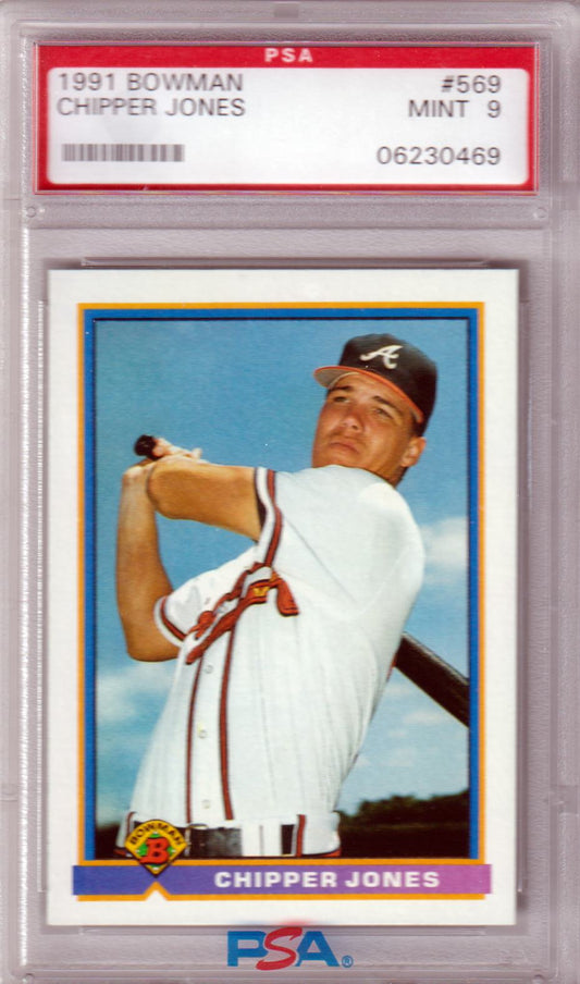 CHIPPER JONES 1991 Bowman Rookie RC #569 PSA 9 MINT - BRAVES - Columbia Hobby - Sports Card Boxes - Toploaders - Card Savers