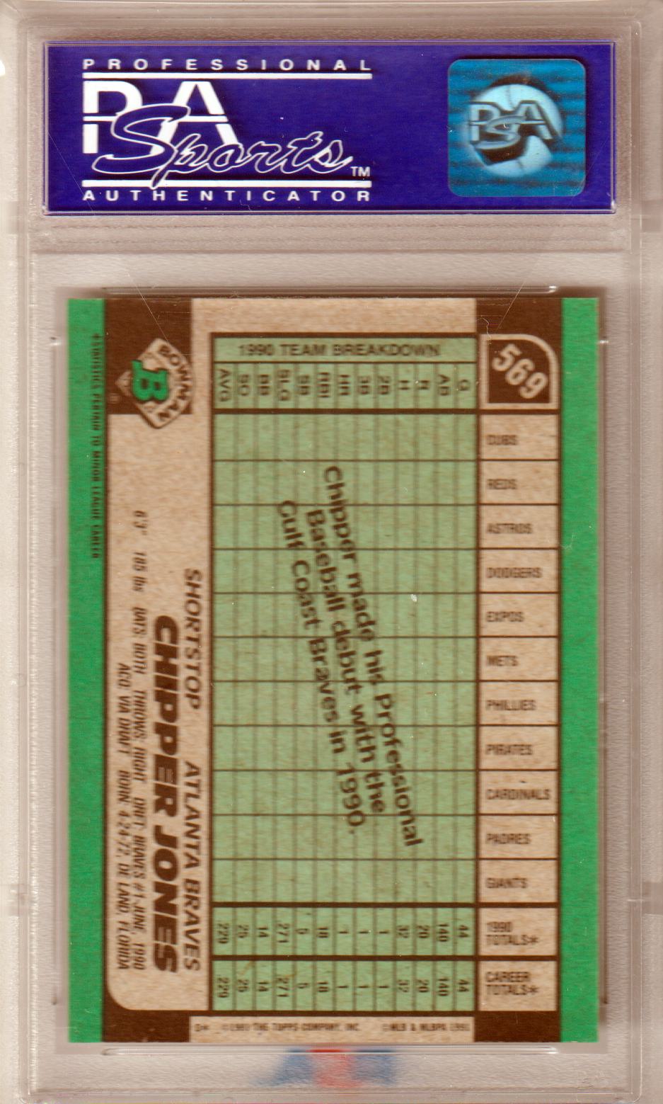 CHIPPER JONES 1991 Bowman Rookie RC #569 PSA 9 MINT - BRAVES - Columbia Hobby - Sports Card Boxes - Toploaders - Card Savers