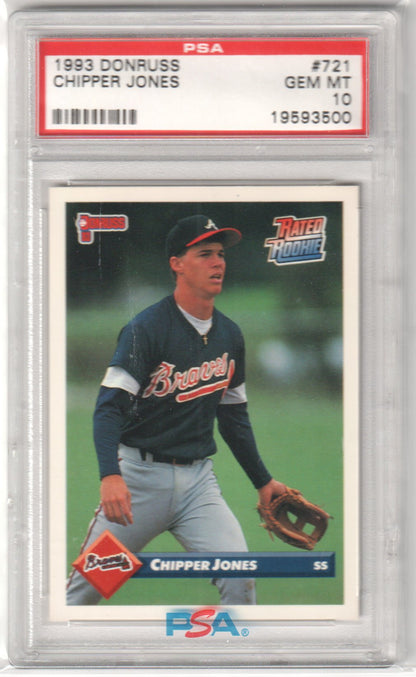 CHIPPER JONES 1993 Donruss RC Rookie #721 PSA 10 GEM MINT - BRAVES - Columbia Hobby - Sports Card Boxes - Toploaders - Card Savers