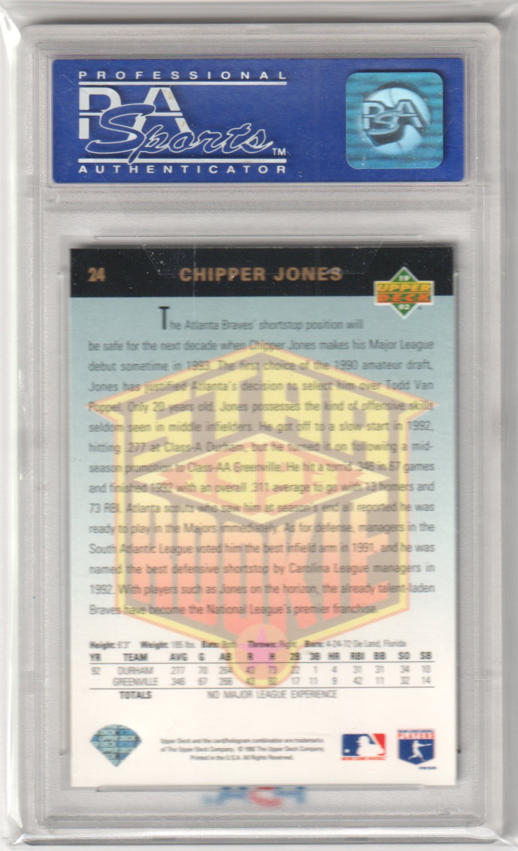 CHIPPER JONES 1993 Upper Deck RC Rookie #24 PSA 8 NM - MT - BRAVES - Columbia Hobby - Sports Card Boxes - Toploaders - Card Savers